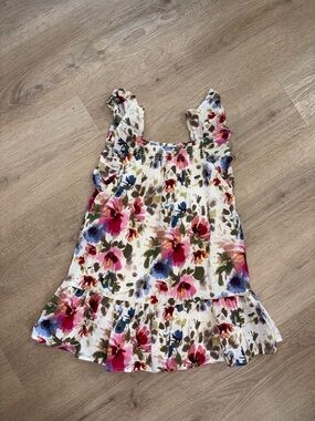 Old Navy White Floral Ruffle-Shoulder Sundress with Pink and Blue Blooms